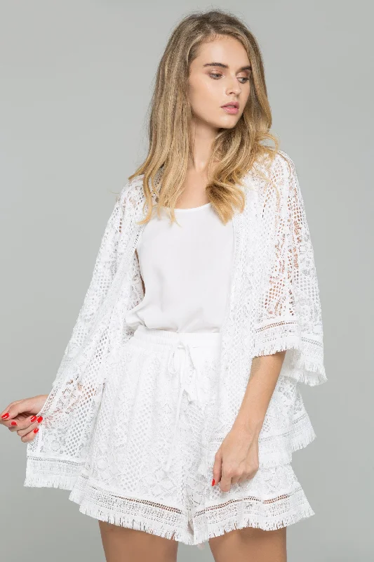 3-Piece White Lace Chiffon Fringe Hem Top and Drawstring Waist Short Set