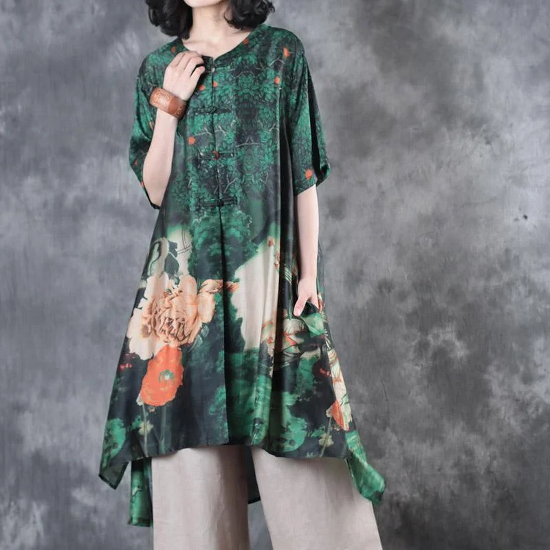 New Green Prints Silk Tops Plus Size Clothing T Shirt Elegant Button Stand Collar Shirt