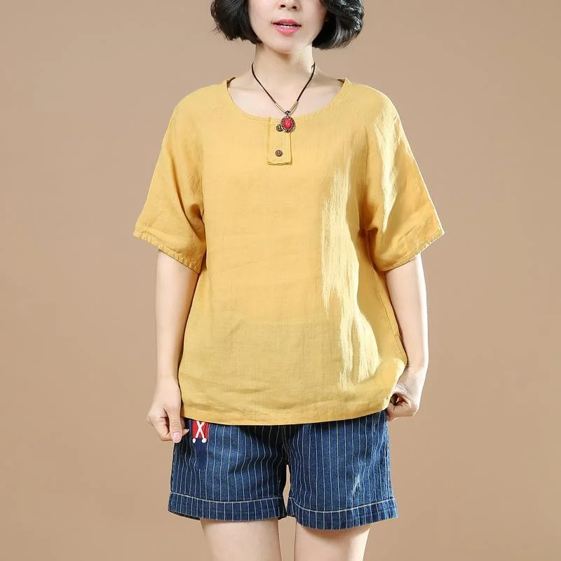 new yellow linen pullover women casual short sleeve t shirt