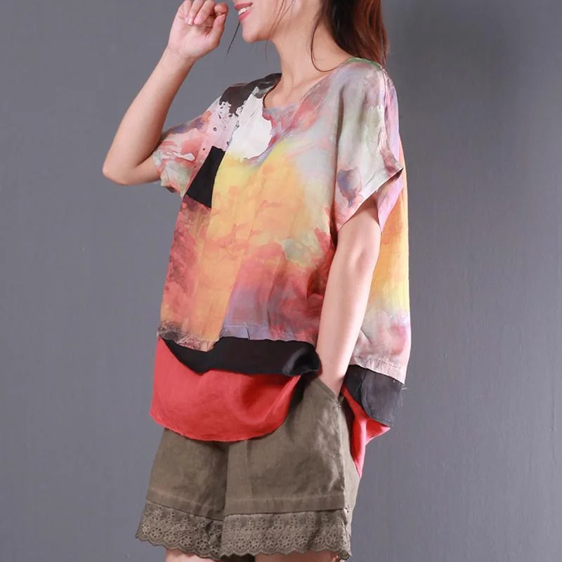 original summer multi casual patchwork linen tops layered oversize t shirt