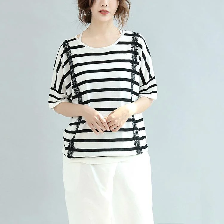 white gray striped cotton tops loose unique blouse short sleeve t shirt