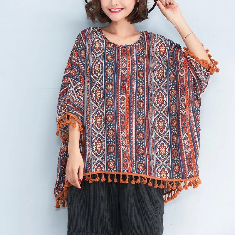 Women Prints Natural Cotton T Shirt Plus Size Casual Cardigans New Tassel Batwing Sleeve Natural Cotton Pullover