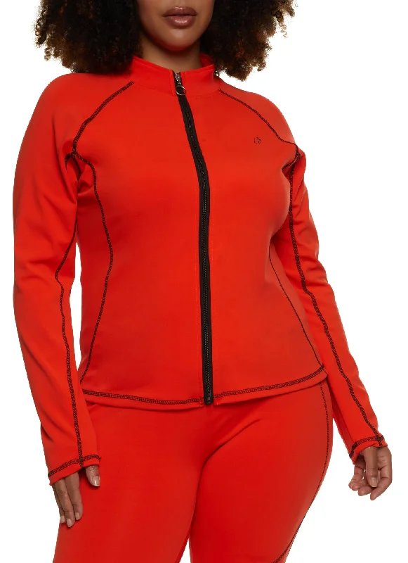 Plus Size Zip Front Contrast Stitch Track Jacket