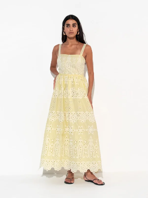 Ninet Broderie Anglaise Midi Dress - Yellow