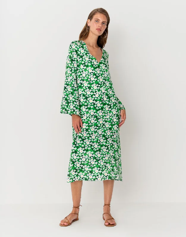 Phoenix Hammered Satin Midi Dress - Flower Burst Green