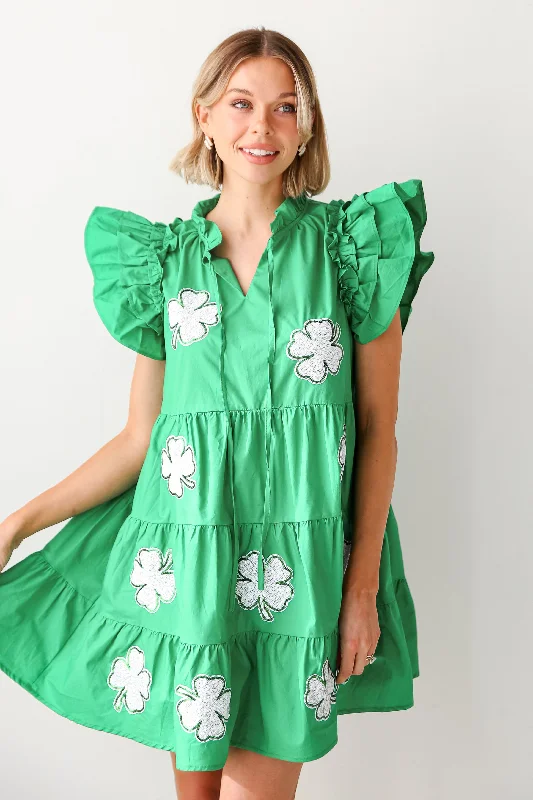 Pinch Proof Green Sequin Four Leaf Clover Tiered Mini Dress