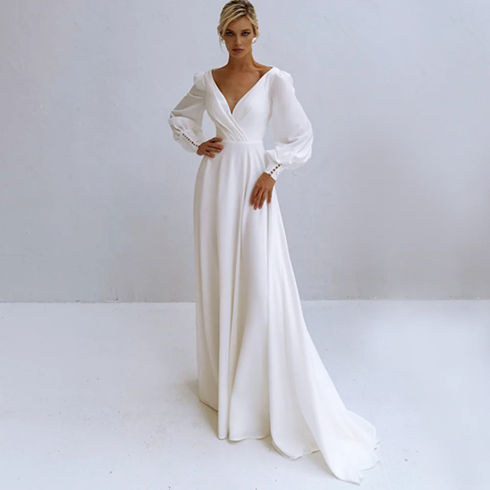 V-Neck Wedding Dress Long Sleeve A-Line Pleats Pears Simple Chiffon Bride Gown Backless Zipper Train Vestido De Novia